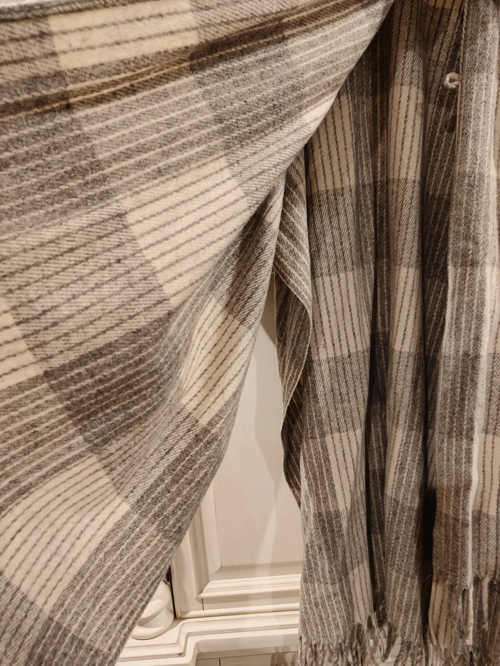 Neutral Plaid Fringe Throw Poncho - Taupe and Cream